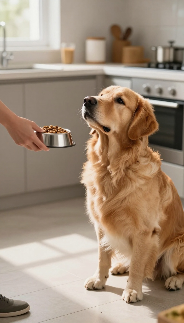 A dog waiting patiently for its food bowl during a training exercise in a bright kitchen.