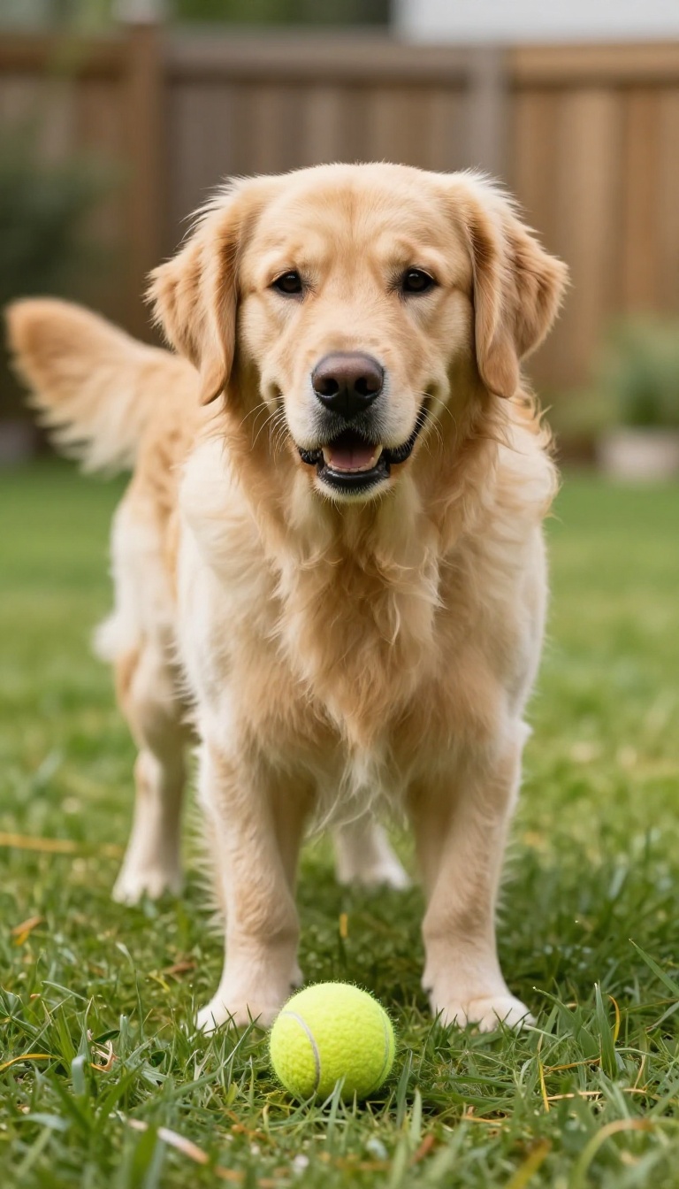 Dog dropping a tennis ball in a backyard during a training session