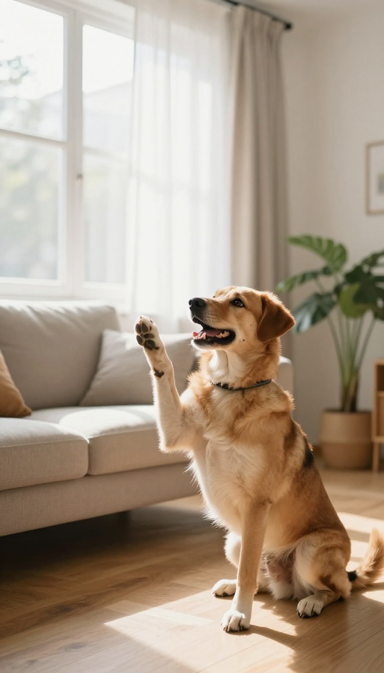 A dog performing a trick in a bright living room, paw raised, with natural light and cozy decor.