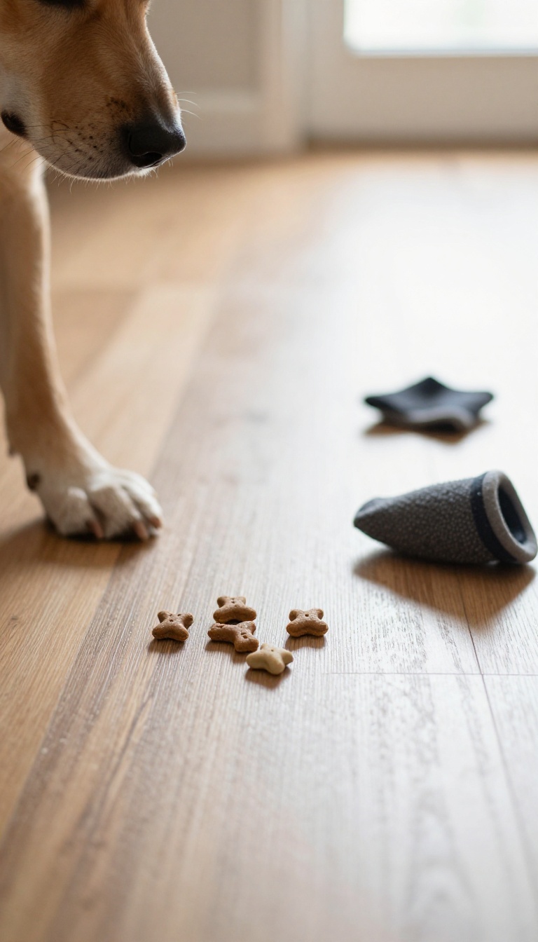 Dog snuffling treats scattered on a wooden floor, with a toy nearby, illustrating the treat scatter game for dog training.