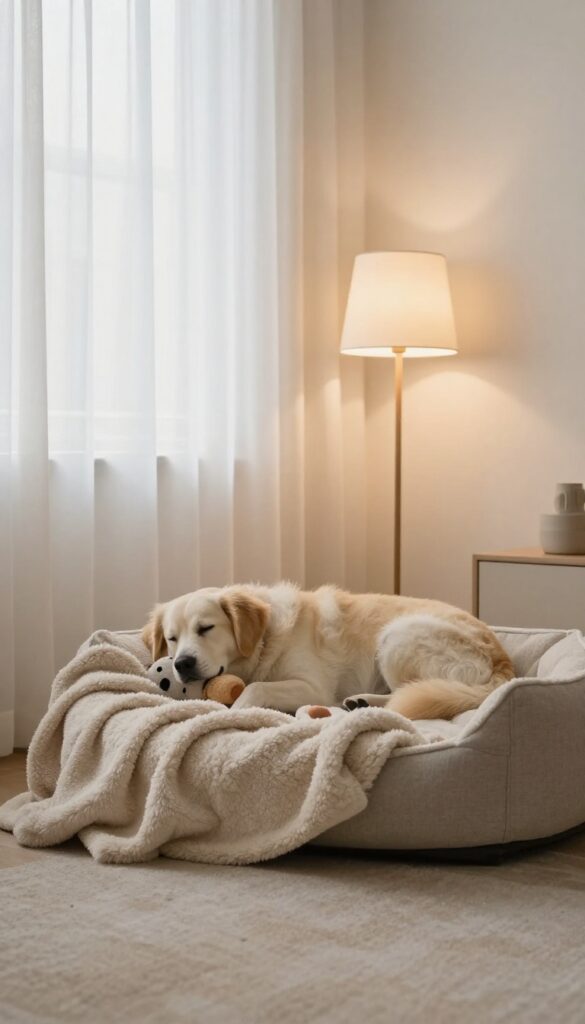 A calm dog resting on a cozy bed in a serene, softly lit room