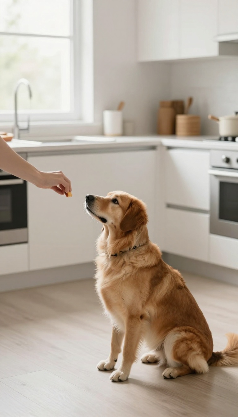 A dog sitting calmly in a bright kitchen while a person holds a treat, illustrating consistent training and patience.