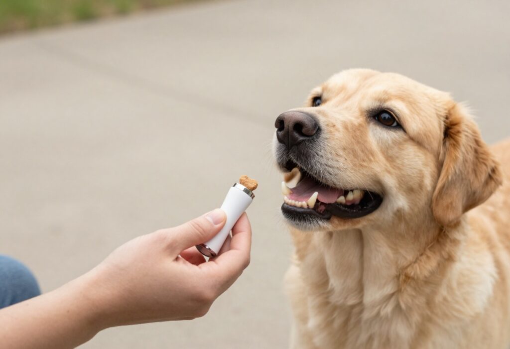 Person using a clicker to train a dog, with a treat in hand