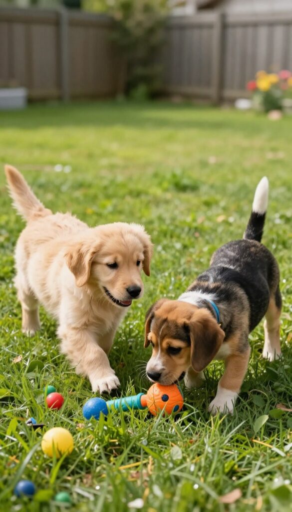 Two puppies playing together in a sunny backyard, showcasing a safe puppy playdate.