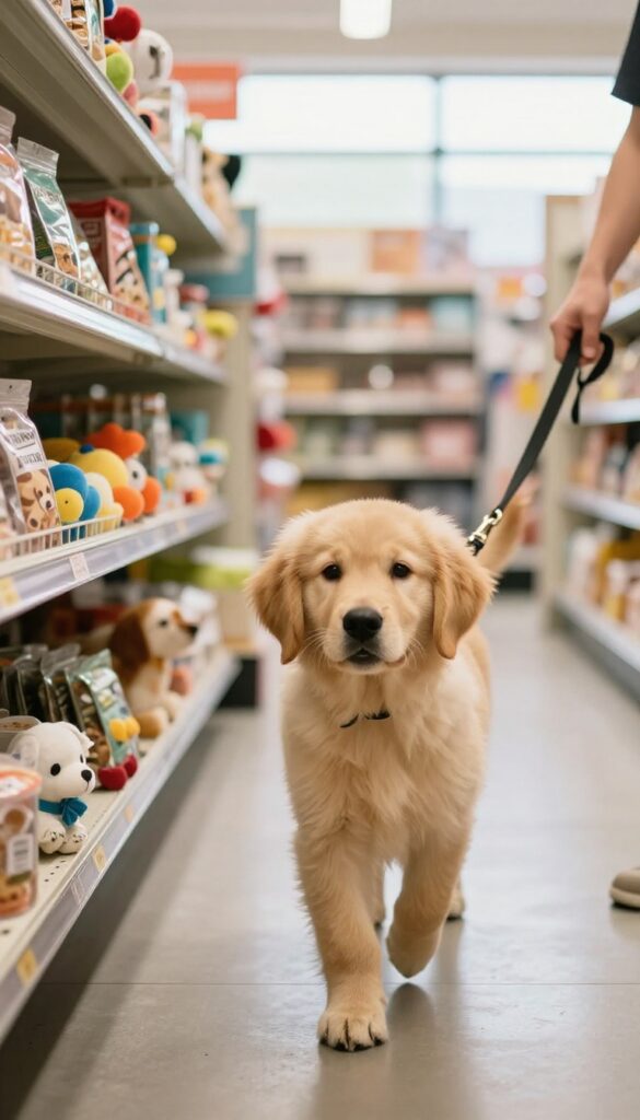 Puppy exploring a pet store aisle on a leash, with shelves of toys in soft focus.