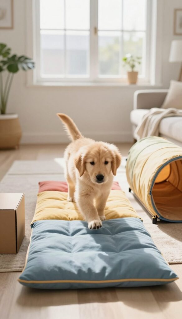 Puppy confidently navigating a homemade obstacle course made of cushions and a tunnel in a bright living room