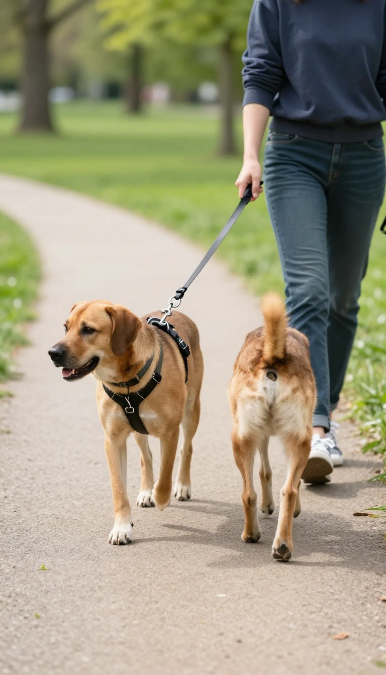Person walking a dog with a front-clip harness on a sunny park path