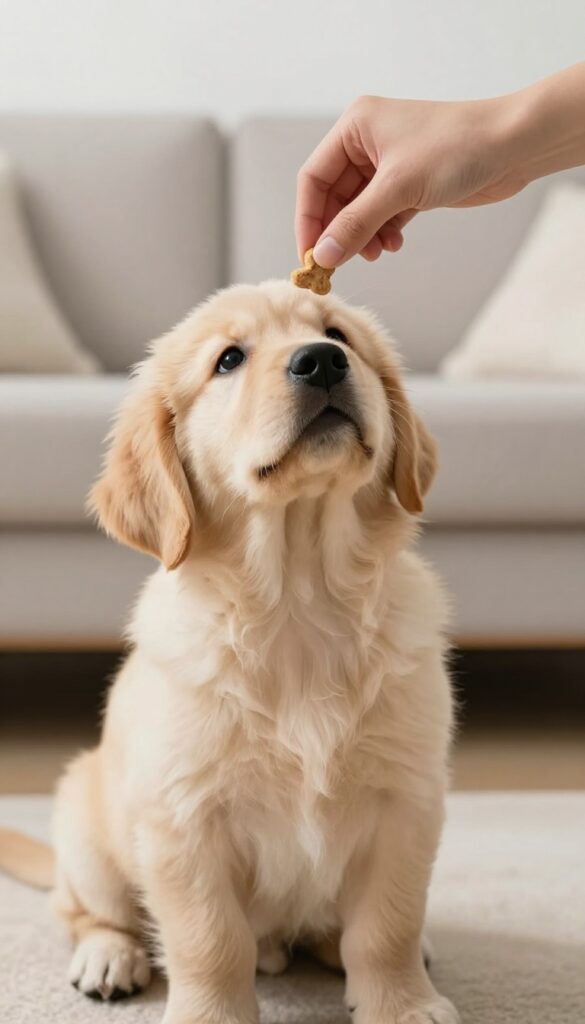 A person lures a puppy into a sit position with a treat held at nose level.