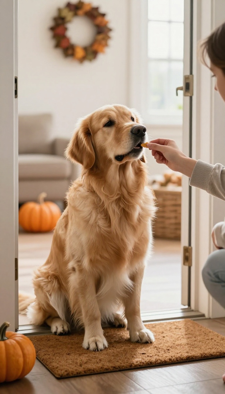 A calm dog sitting with all four paws on the floor, being rewarded with a treat by a person near a doorway, illustrating positive reinforcement for calm greetings.