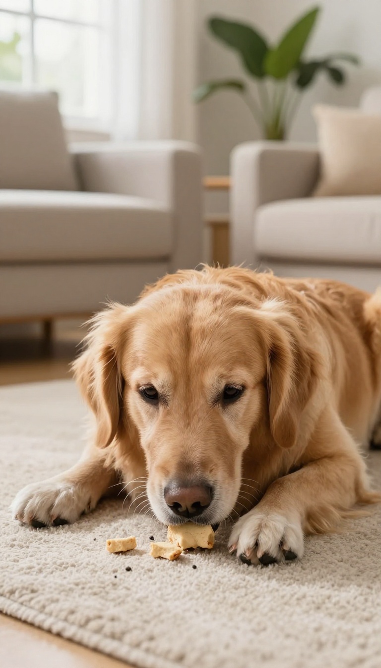 Senior dog sniffing a treat on a rug in a bright living room