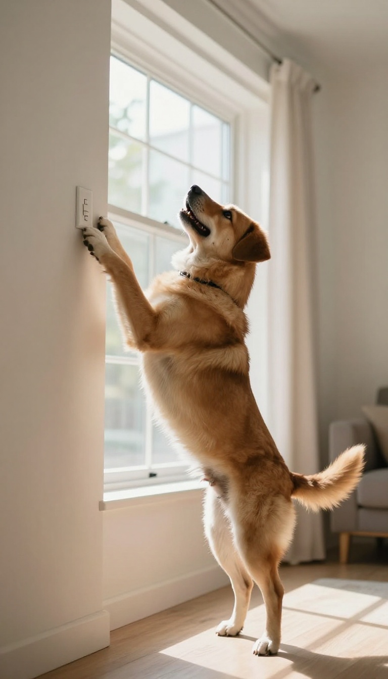 A dog jumping to turn off a light switch in a bright living room