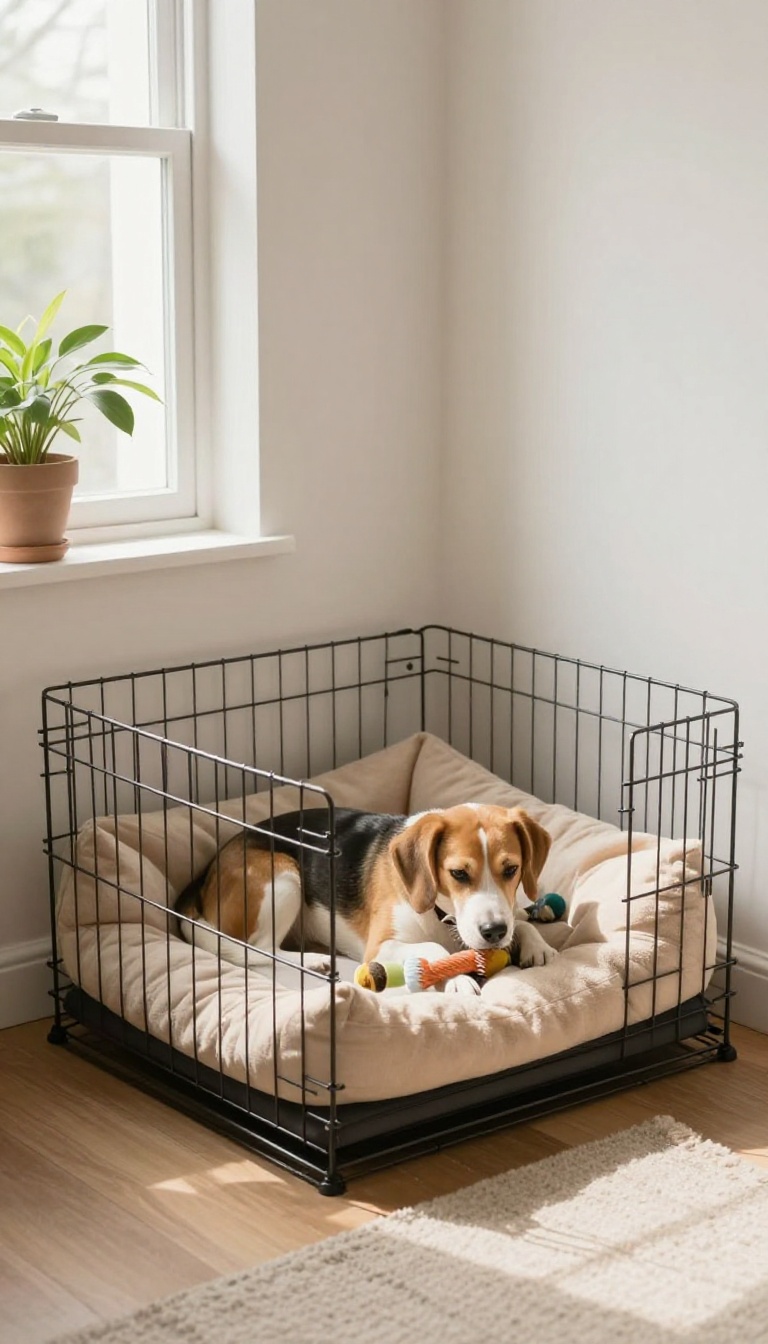 Dog resting calmly in a comfortable crate in a bright, cozy apartment corner