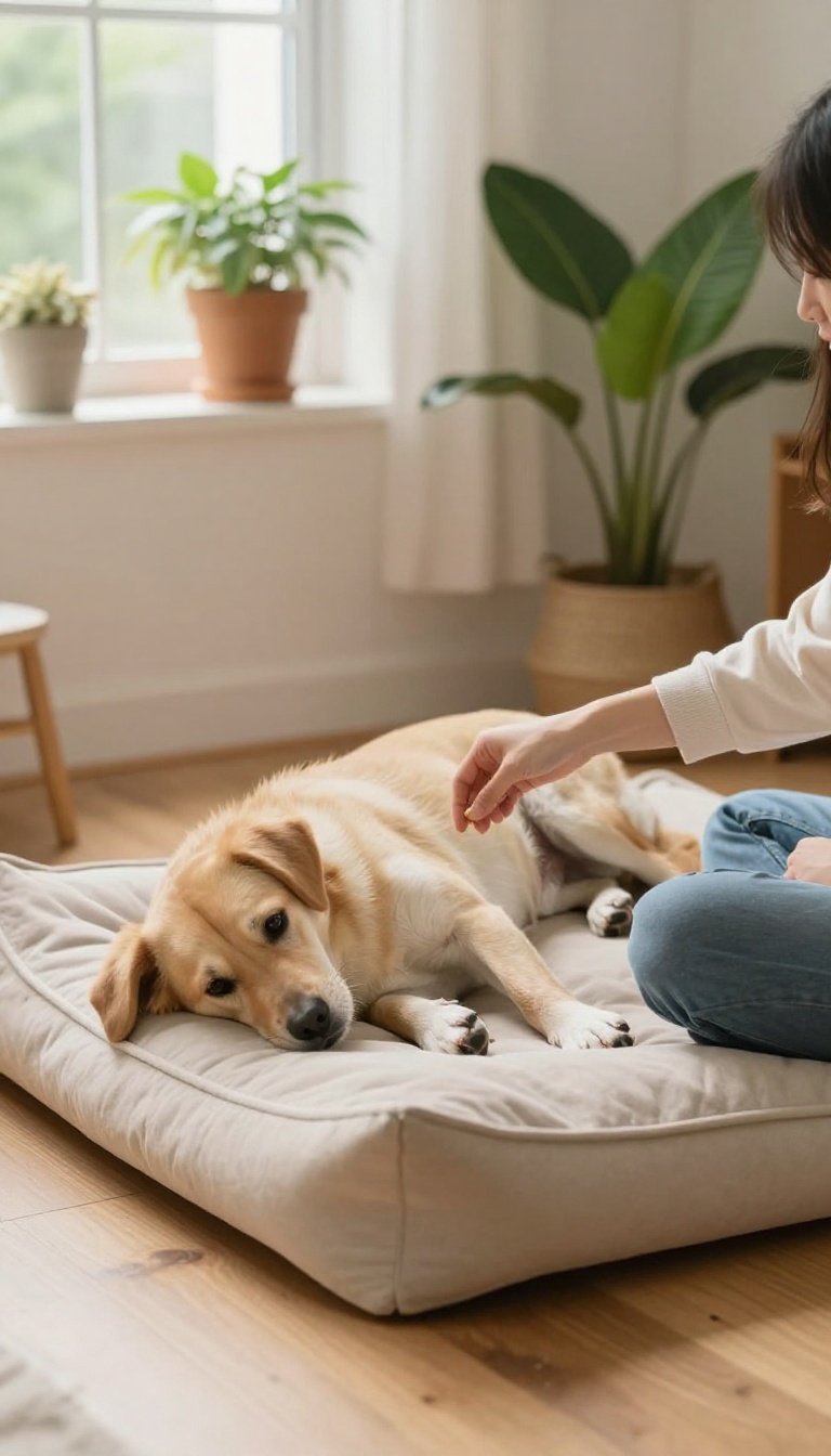 A person patiently sitting near a rescue dog on a cozy bed in a bright living room, symbolizing patience and trust-building