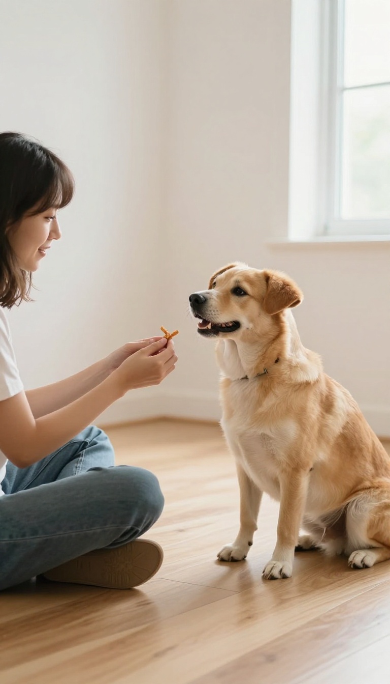 Person rewarding a dog for making eye contact during a name recognition training game in a bright living room.