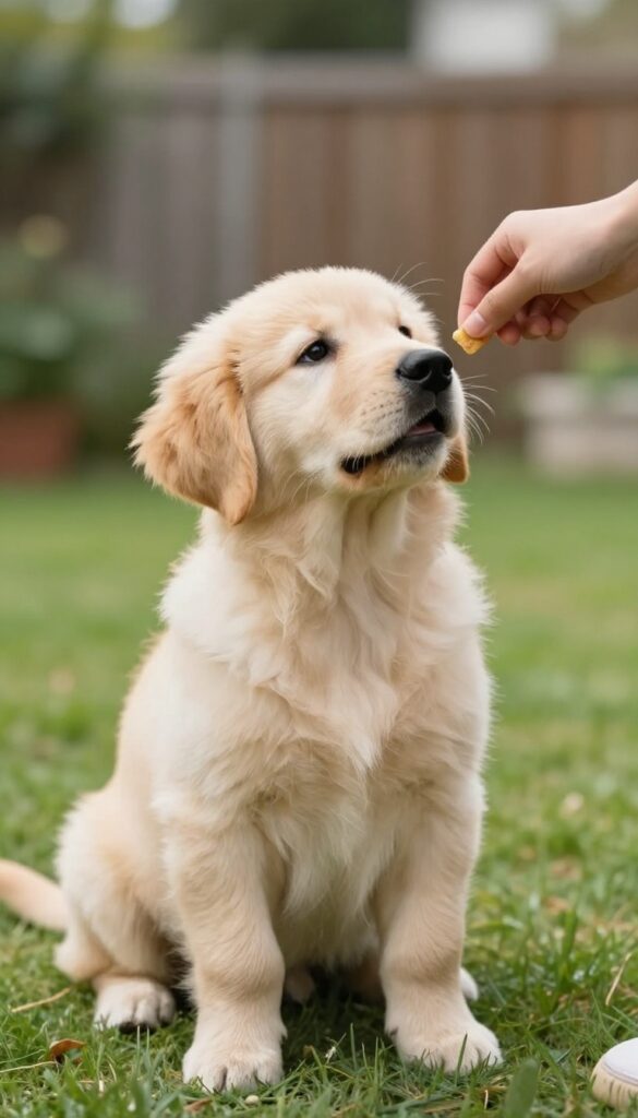 A puppy sitting on grass during a short training session, looking at a treat in a person's hand