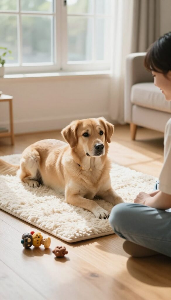 Dog calmly lying on a mat during a focus training session with a person nearby and toys at a distance