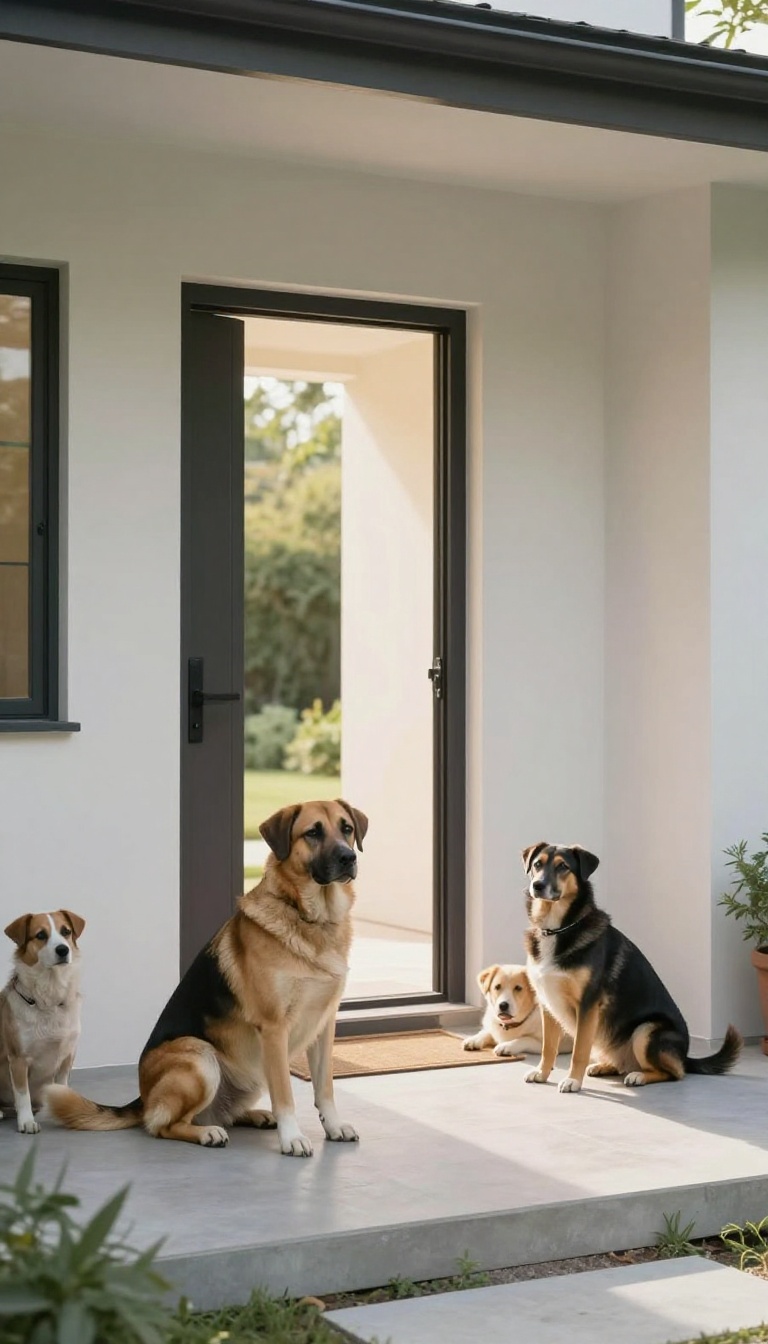 Two dogs waiting calmly near a front door in a bright, serene home, illustrating calm door greeting training for multiple dogs.