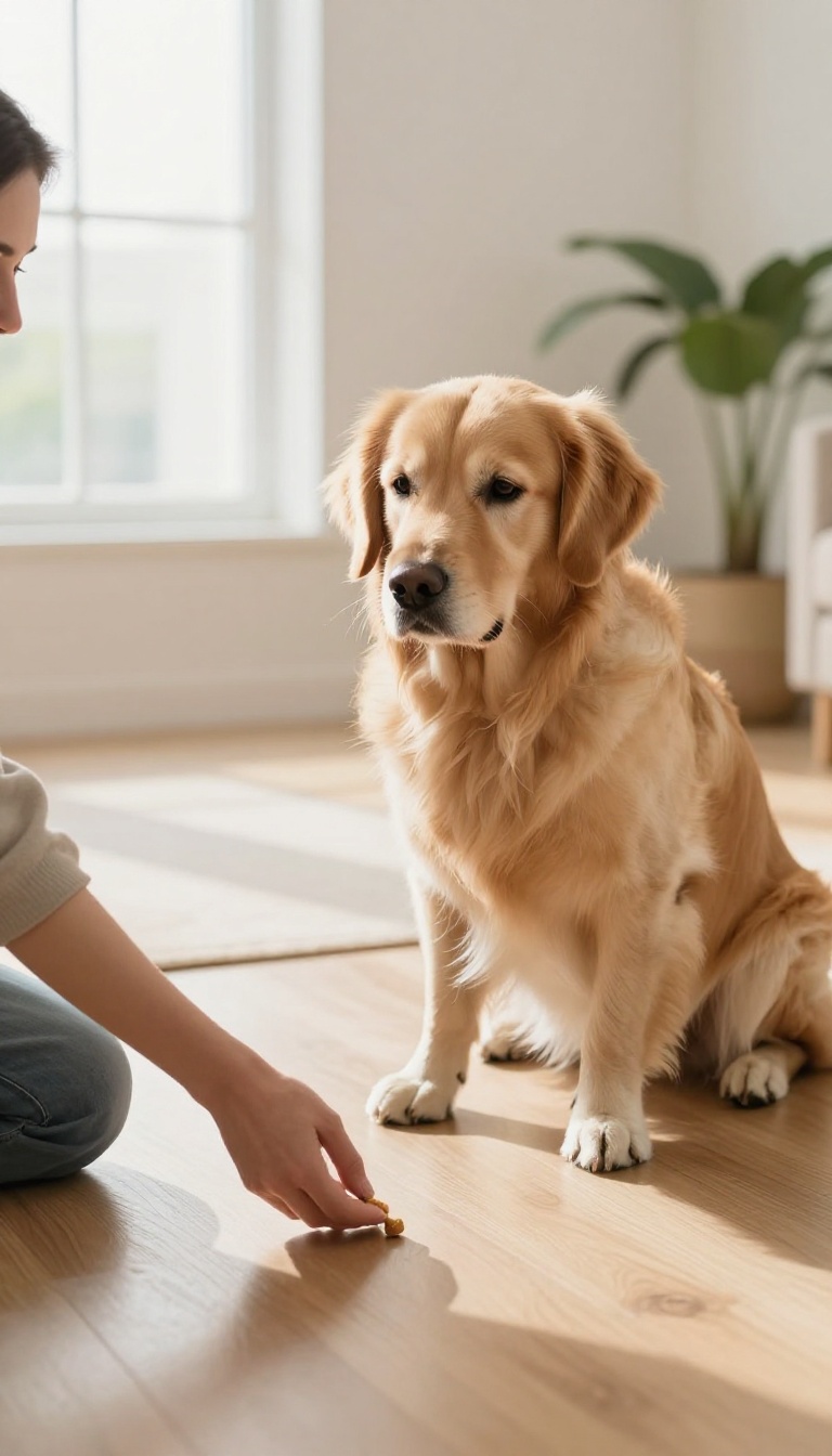 Dog owner dropping a treat on the floor while the dog makes eye contact, illustrating the 'Drop and Look' drill for teaching eye contact.