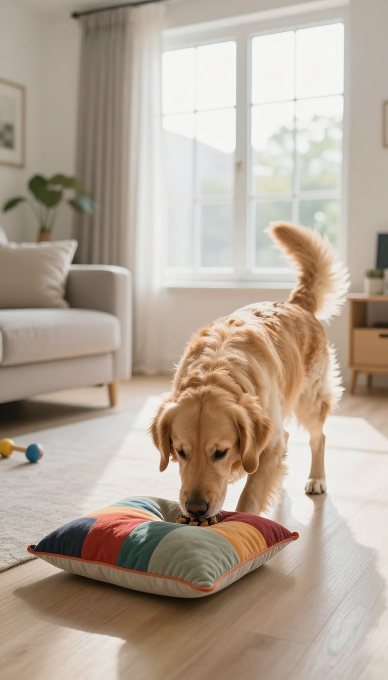 Golden retriever playing the 'Find It' scent game, sniffing a cushion with a hidden treat in a bright living room