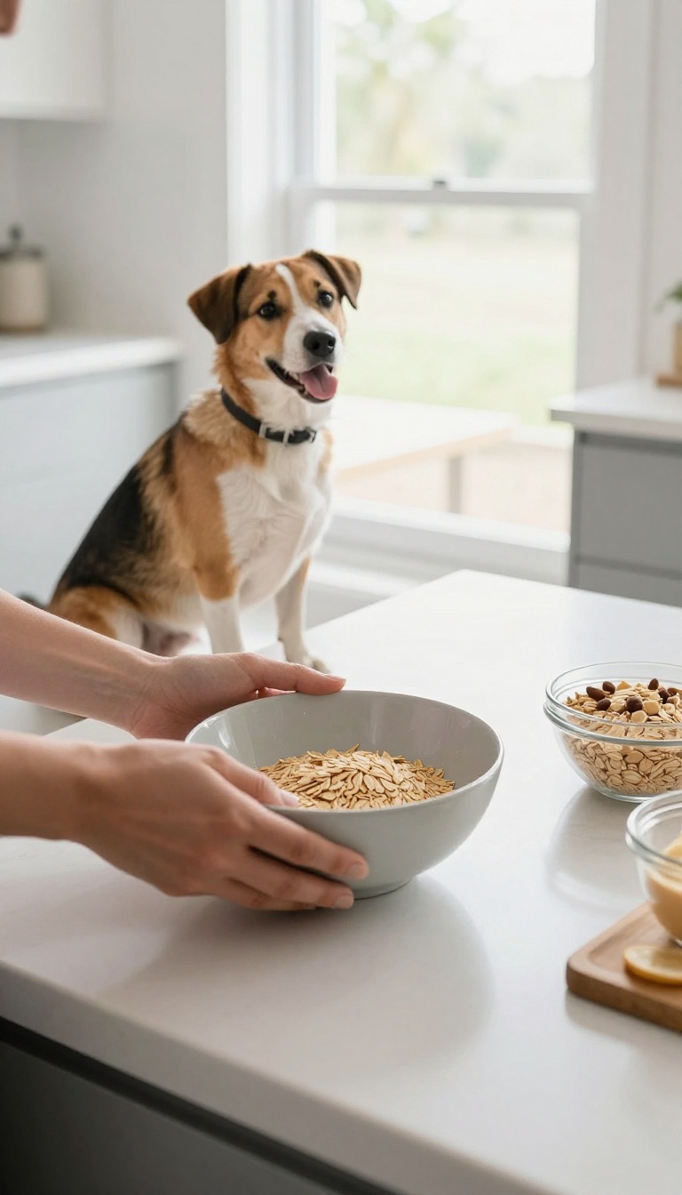 Dog training in the kitchen during breakfast prep