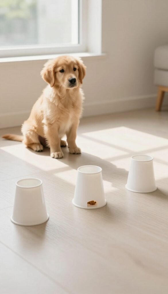 A puppy playing the magic cup game with three cups and a treat on a sunny floor