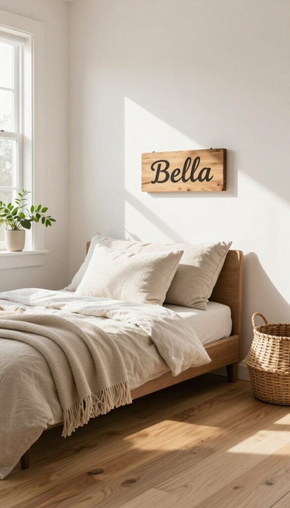 Cozy dog bed corner with personalized wooden name sign and monogrammed pillow in bright, airy farmhouse-style room