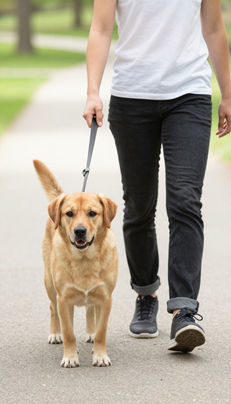 A person walking a dog calmly beside them on a sunny path, demonstrating the heel position with a loose leash and a treat.