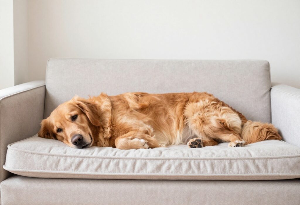 Large dog stretching out on a spacious dog bed