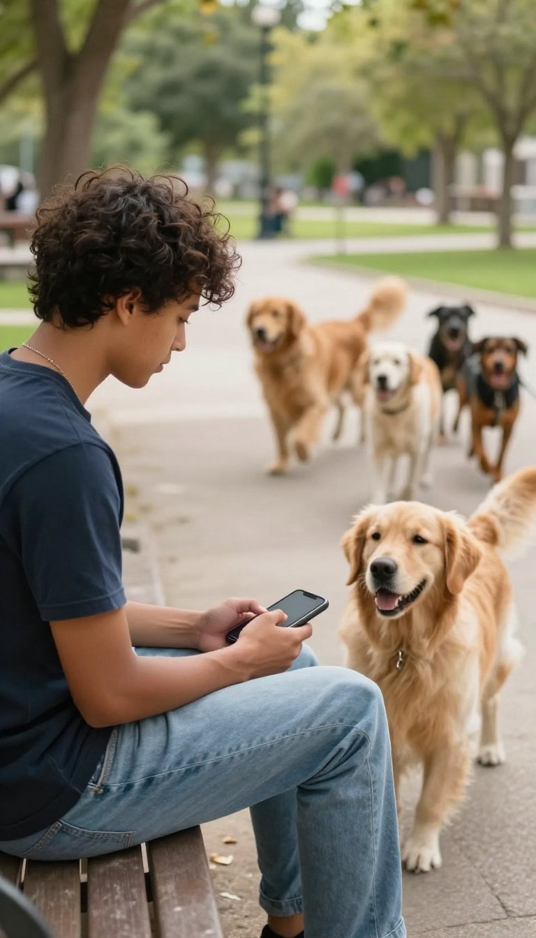 Person watching their dog at a park, phone face down on lap, dog playing in foreground