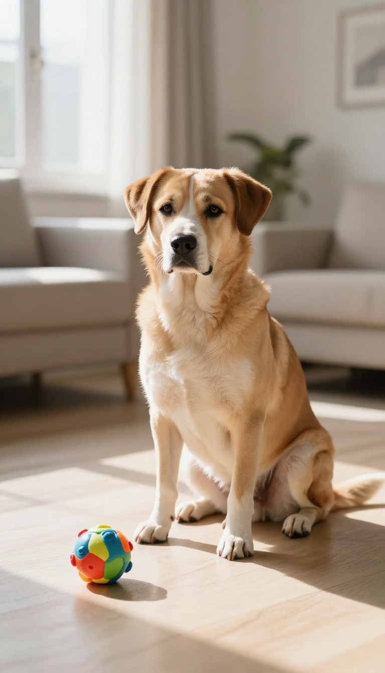 Dog in a stay position with a toy tossed nearby in a bright living room
