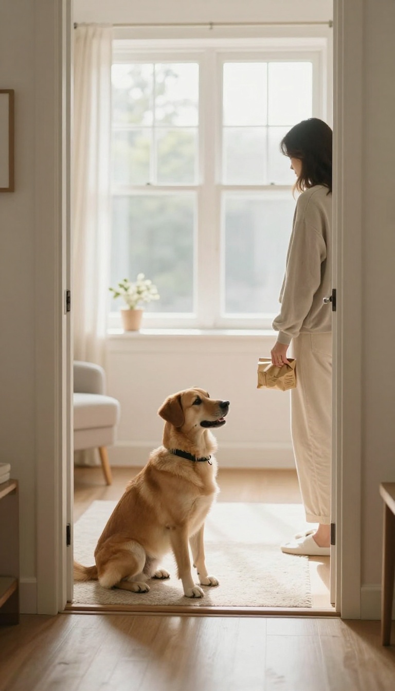 A calm dog sitting near the front door while a visitor enters with a package, illustrating a practice session with a fake visitor.