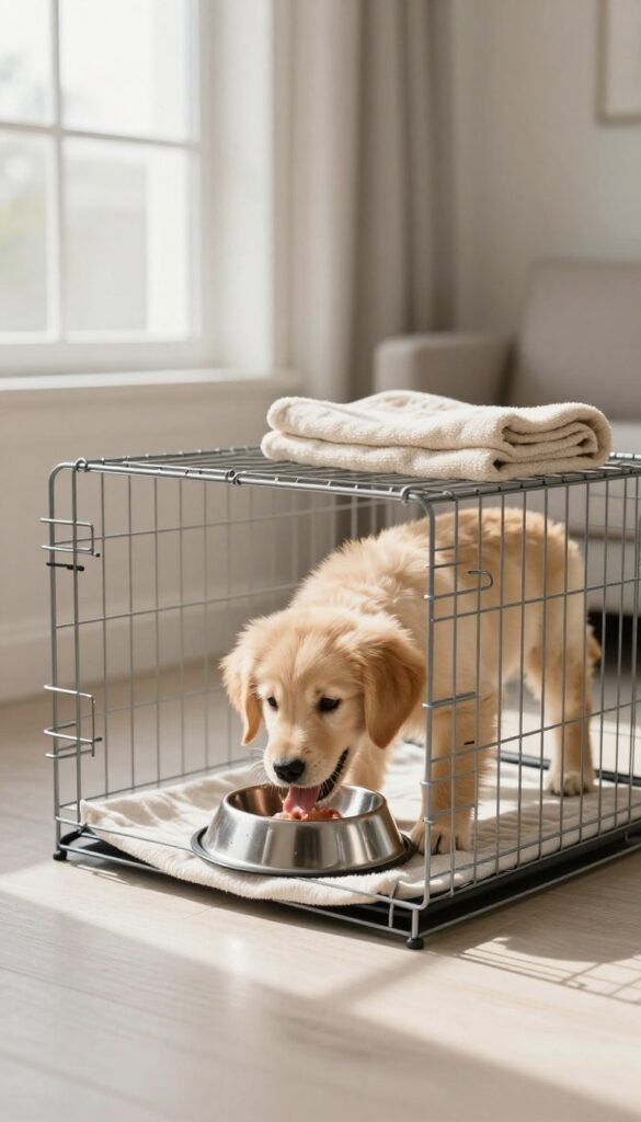 A happy golden retriever puppy eating from a bowl inside a wire crate with the door open, in a bright, cozy room.