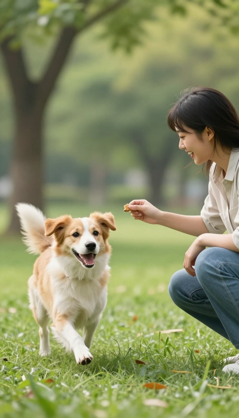 Dog running to owner during emergency recall training in a sunny park