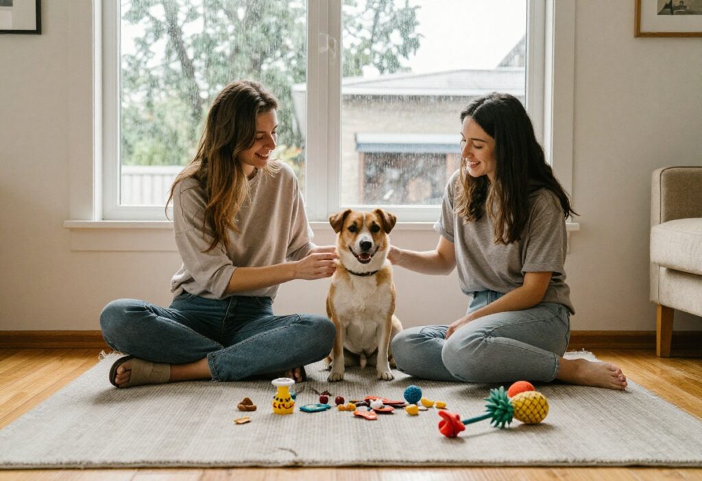 Dog training indoors on a rainy day with owner and treats