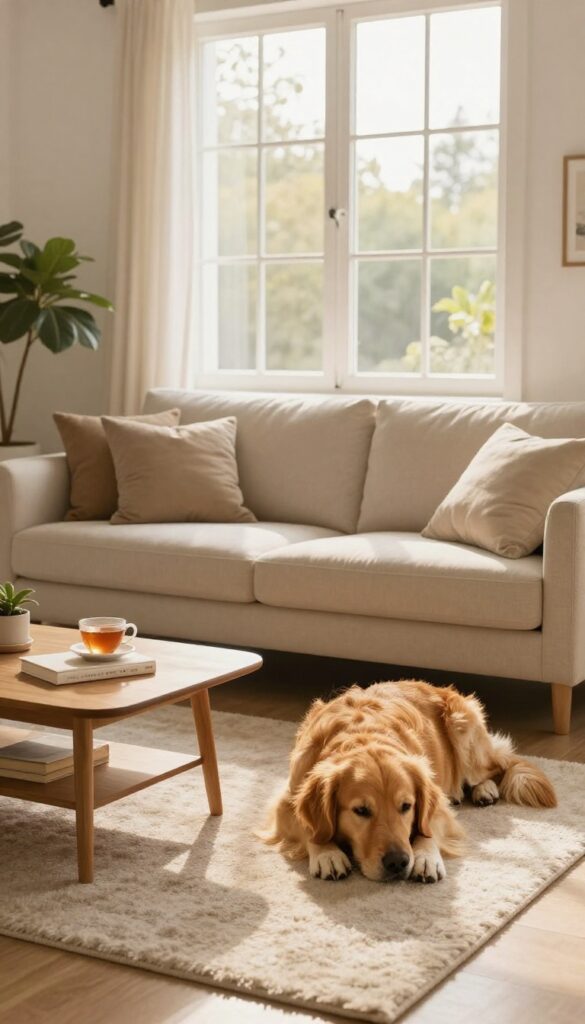 A calm golden retriever lying on a rug in a bright, cozy living room, embodying a peaceful evening.