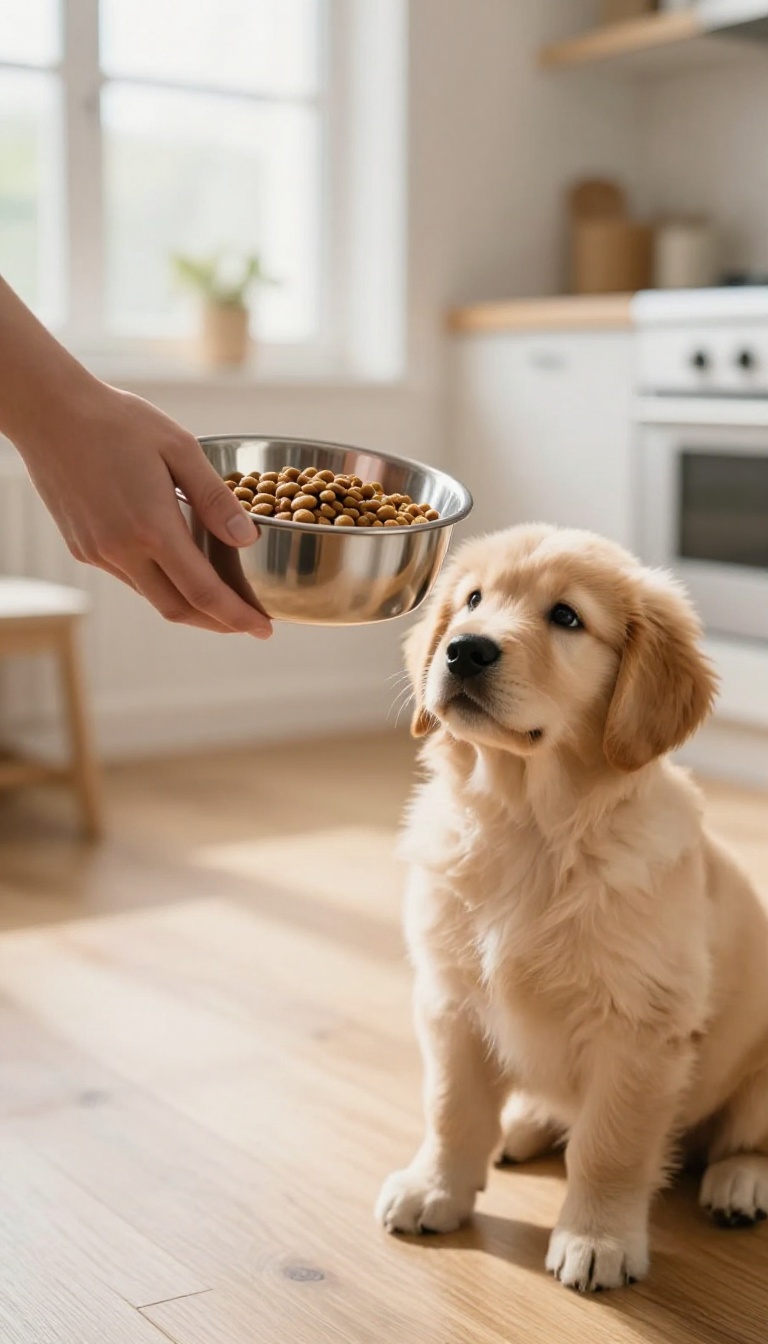 Person lowering a food bowl to a patient puppy sitting on a wooden floor