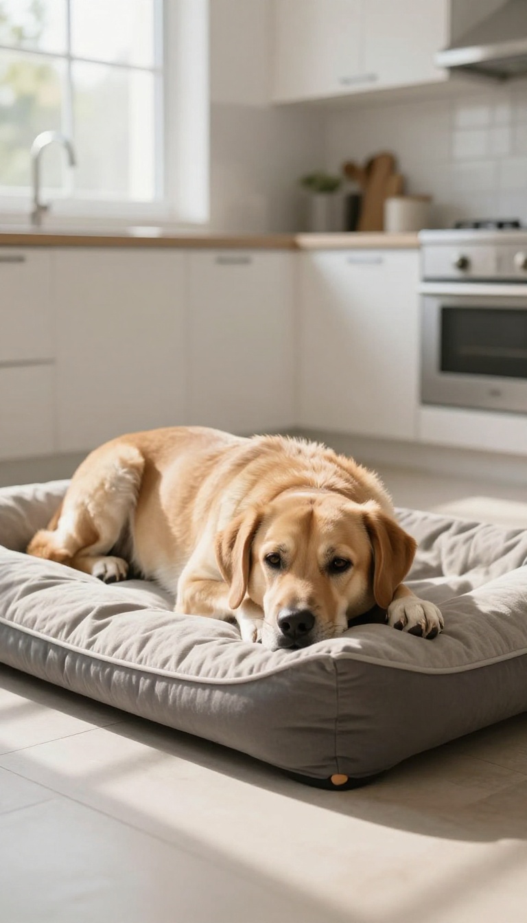 A large dog resting peacefully on its mat in a sunny kitchen corner