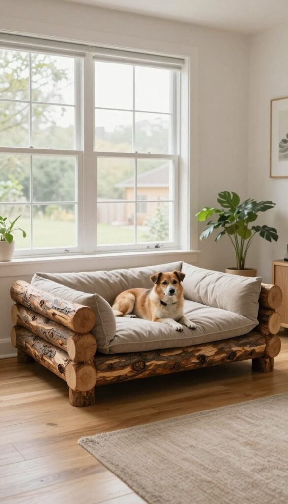 A dog resting on a rustic log bed in a bright modern living room