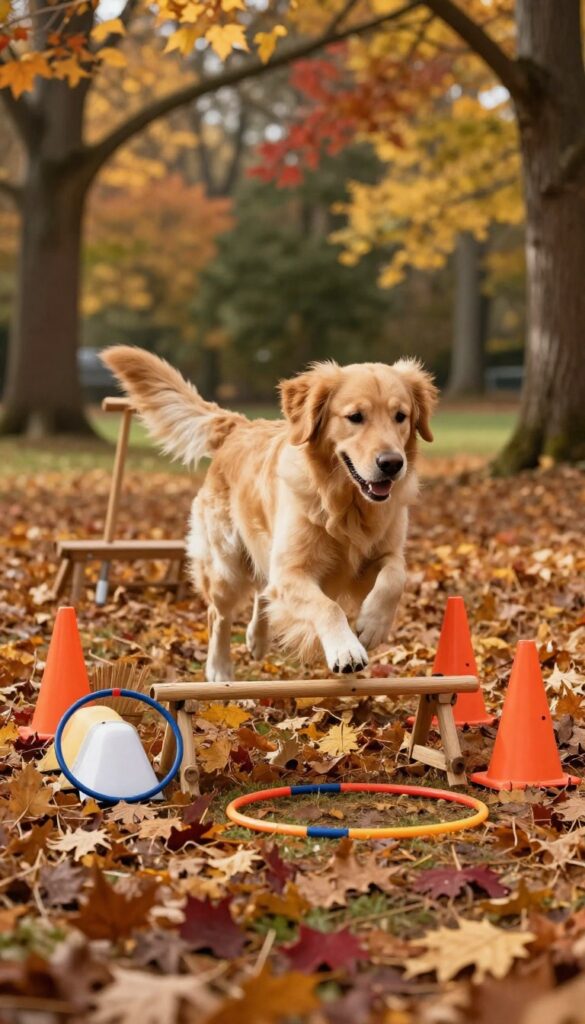 Golden retriever navigating a backyard obstacle course with cones and a jump on a sunny autumn day.