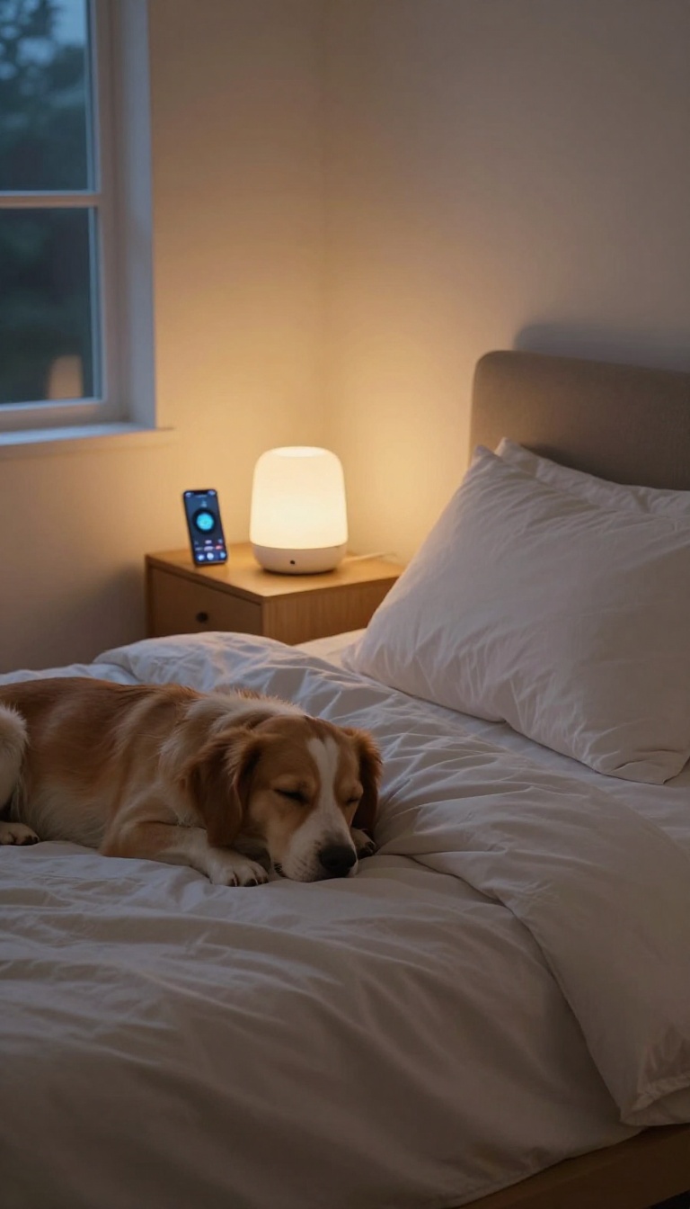 A calm bedroom scene with a sleeping dog and a white noise machine on a nightstand, illustrating the concept of using background sound to soothe a dog at night.