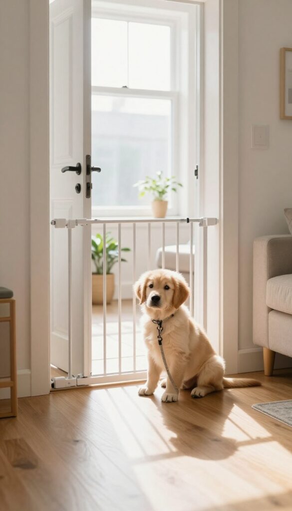 Puppy sitting calmly behind a baby gate near the front door, with a leash on the floor, in a bright living room