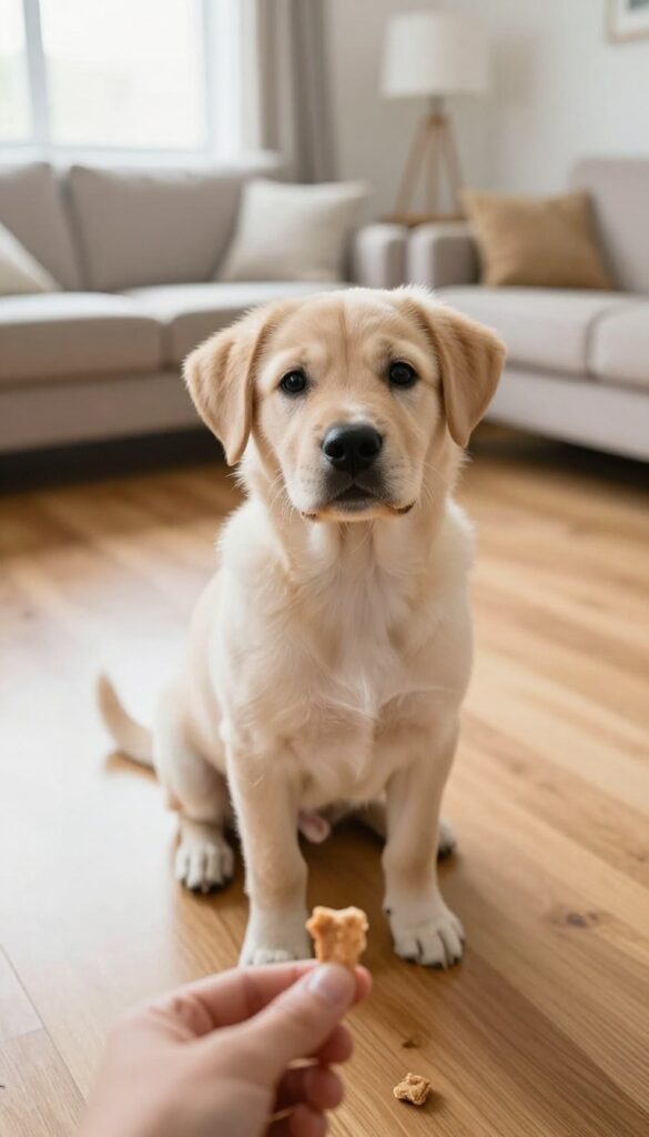 Puppy calmly sitting and looking at a closed fist with a treat on the floor in a bright living room during a training session.