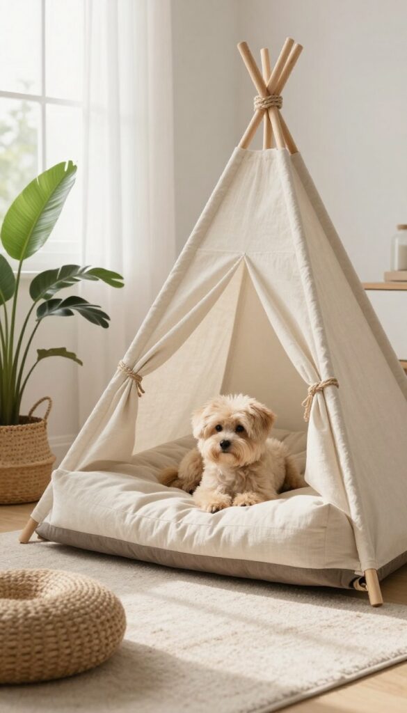 DIY teepee dog bed in a bright living room with a dog resting inside