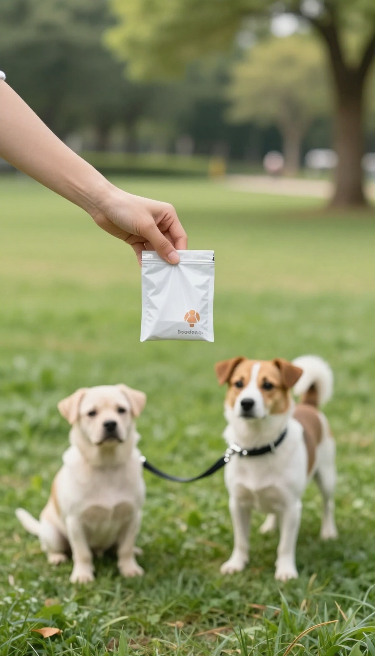 Person holding a dog waste bag in a clean, sunny dog park with a dog waiting nearby.