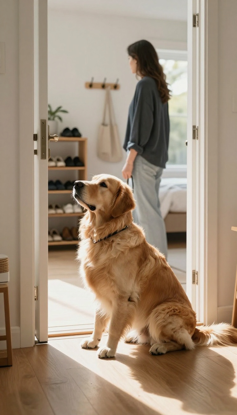 A large dog waiting calmly at an open front door on a leash, with natural light streaming in.