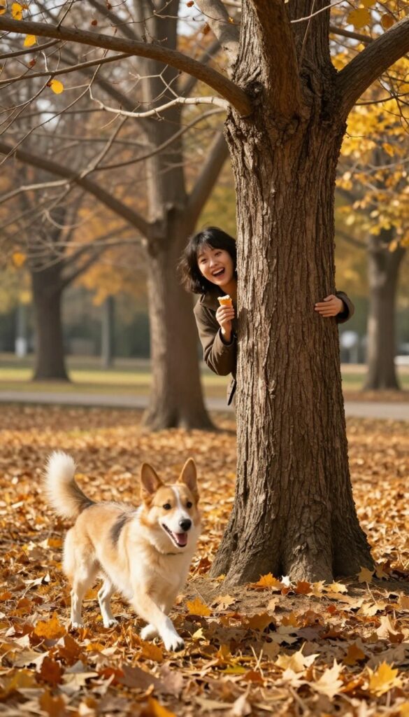 Person hiding behind a tree trunk while a dog runs towards them in an autumn park.