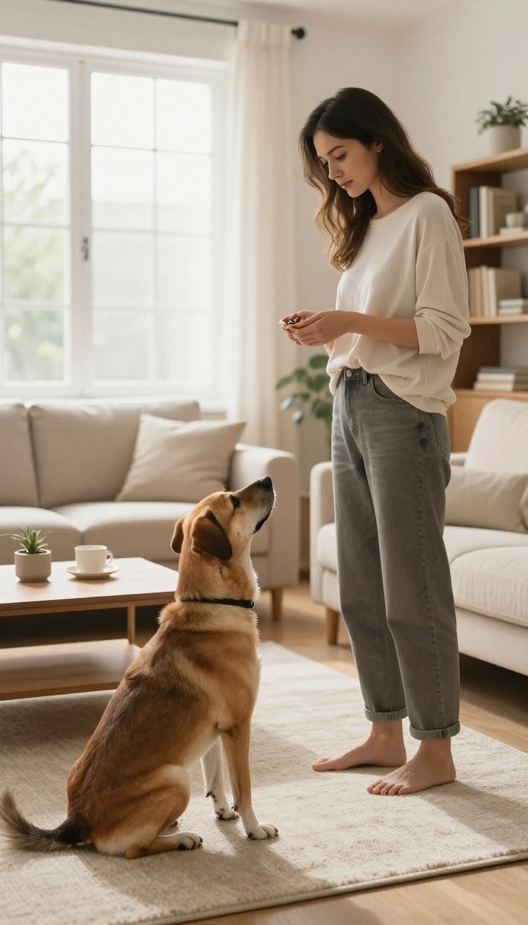 Dog owner training a dog in a bright living room, encouraging the dog to offer a behavior without a marker.