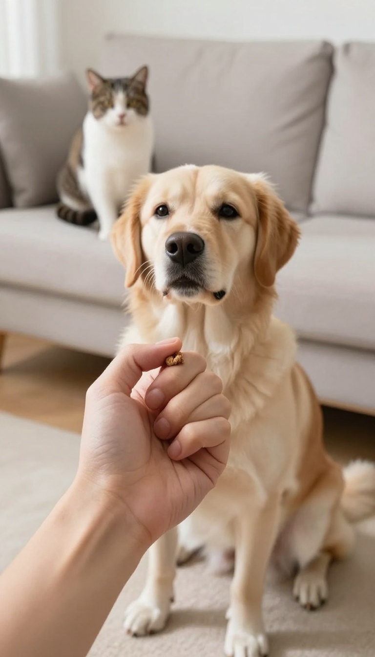 Dog learning the 'leave it' command with a treat in hand while a cat sits calmly in the background.