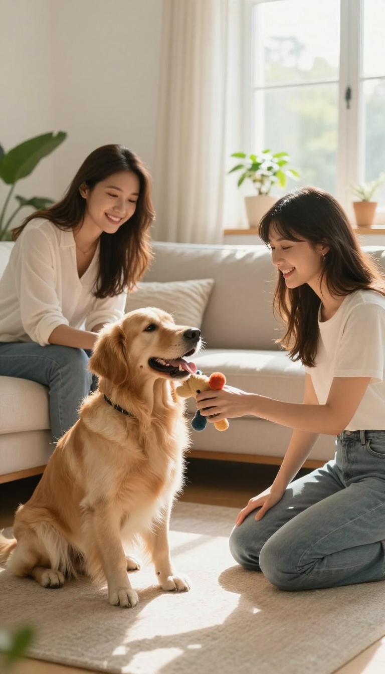 A dog playing with a pet sitter in a bright living room