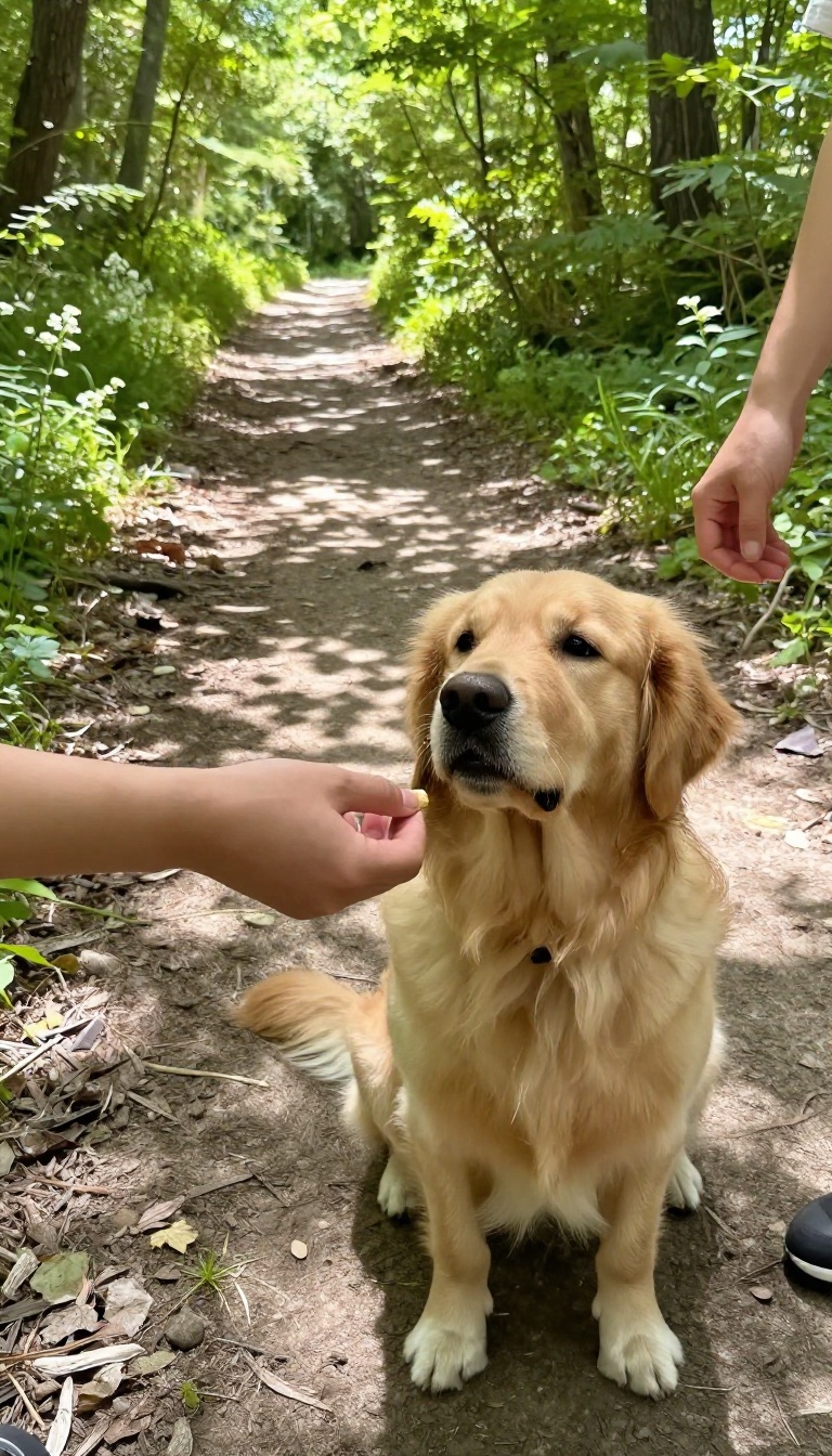 Dog training 'leave it' command on a forest trail with owner holding a treat